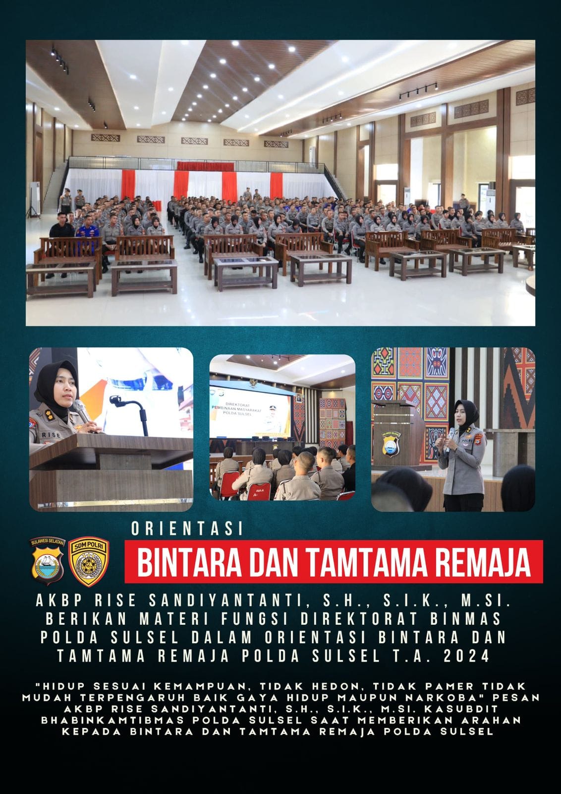 AKBP RISE SANDIYANTANTI, S.H., S.I.K., M.SI. BERIKAN MATERI FUNGSI DIREKTORAT BINMAS POLDA SULSEL DALAM ORIENTASI BINTARA DAN TAMTAMA REMAJA POLDA SULSEL T.A. 2024
