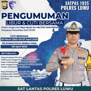Satlantas Polres Luwu Umumkan Jadwal Pelayanan Samsat dan SIM Selama Libur Nyepi dan Idul Fitri 1446 H