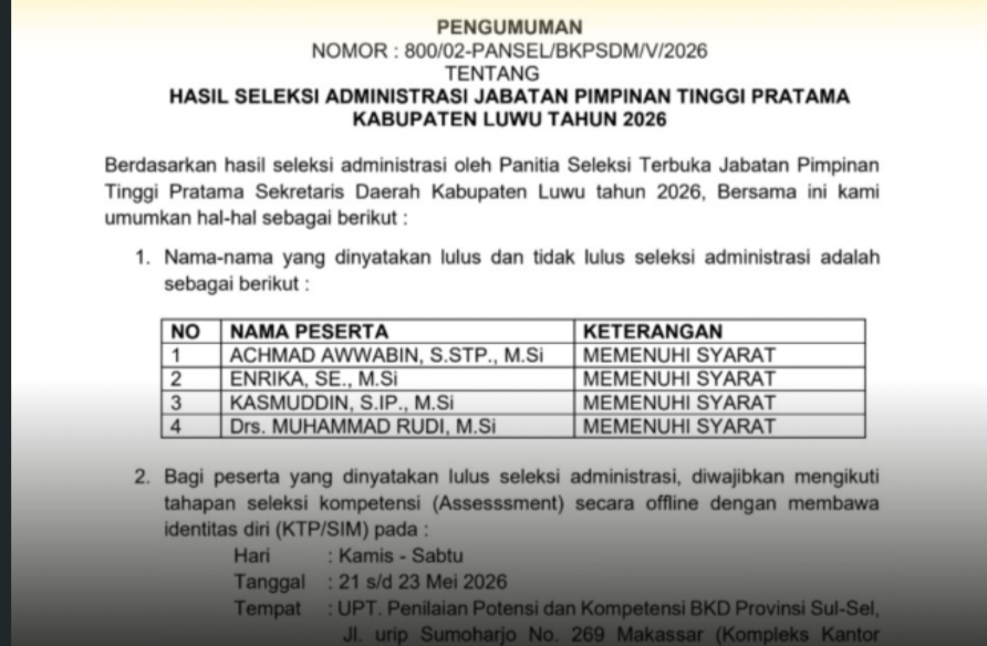 BKPSDM Luwu Umumkan Hasil Seleksi Administrasi Calon Sekda Luwu Tahun 2026