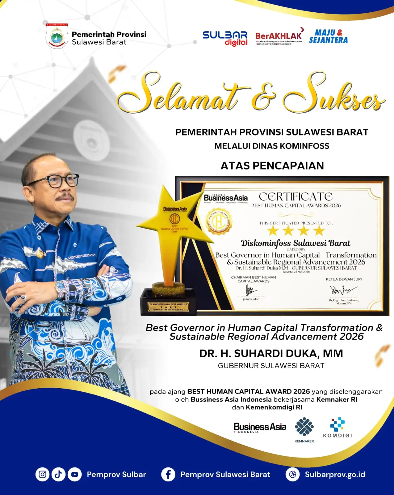 Diskominfoss Sulbar dan Gubernur raih penghargaan nasional