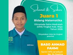 Baso Ahmad Fahmi Persembahkan Prestasi Gemilang, MTs As’adiyah No. 34 Doping Juara 1 OMI Kabupaten Wajo